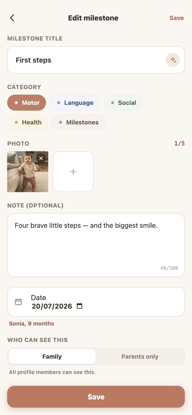 Editing a Moment in Lovements: title, category, photo, and note