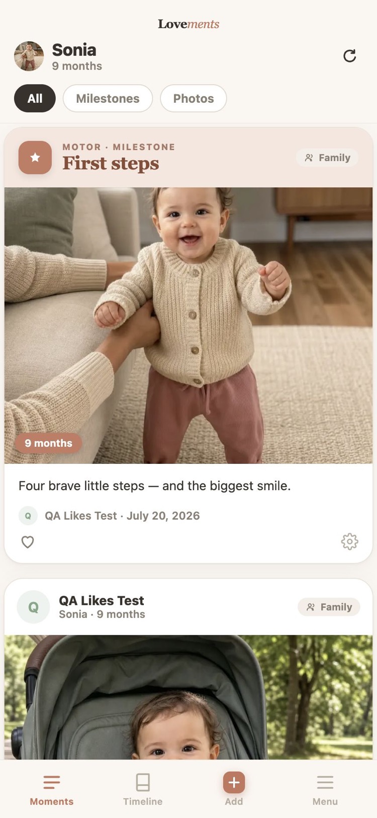 A child's Lovements Moments feed with a First steps milestone